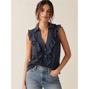 Sunner Navy Ruffle Sleeveless Blouse Sheer Cotton Top Small